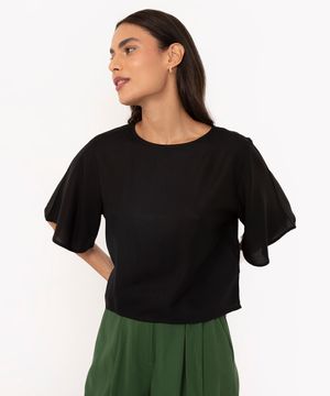 camiseta ampla de viscose manga curta preto