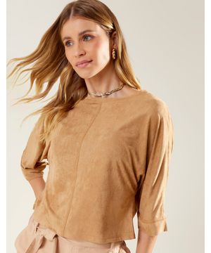 Blusa Suede Manga Ampla Camel