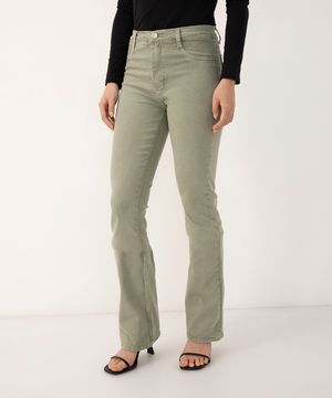 calça de sarja flare cintura alta com bolsos sawary verde claro