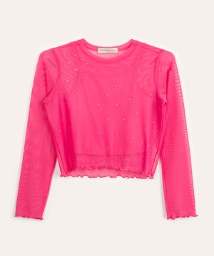 blusa de tule juvenil brilhos manga longa rosa