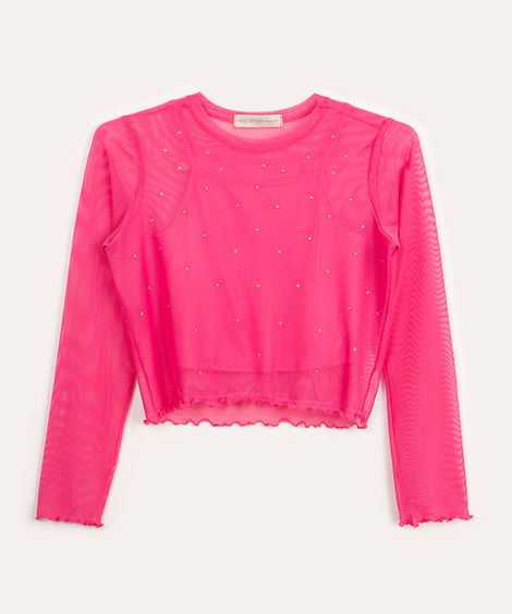 blusa de tule juvenil brilhos manga longa rosa