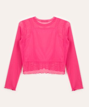 blusa de tule juvenil brilhos manga longa rosa