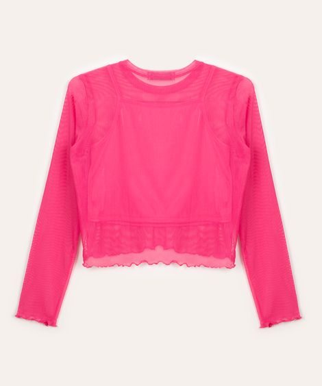 blusa de tule juvenil brilhos manga longa rosa