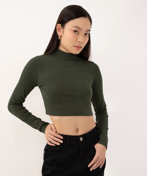 cropped de viscose canelado manga longa gola alta verde militar