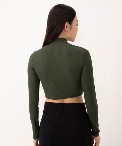 cropped de viscose canelado manga longa gola alta verde militar