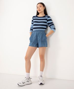 short jeans com elástico cintura média com bolsos azul médio