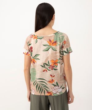 blusa em flamê floral com recorte manga curta bege