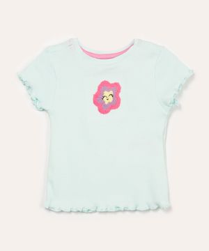 blusa de algodão infantil flor bordada manga curta azul claro