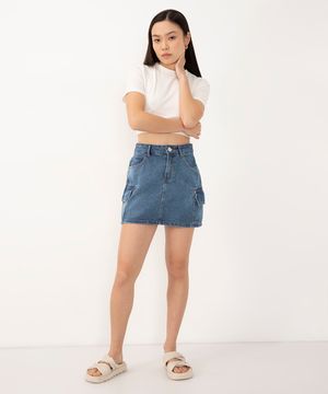 saia jeans cargo cintura média jeans médio