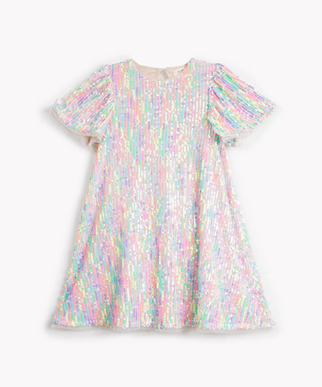 vestido de paetê infantil manga curta multicor