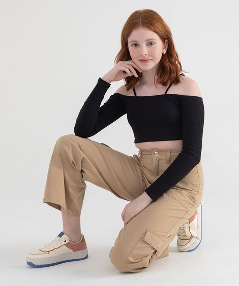blusa canelada juvenil ombro a ombro manga longa preta
