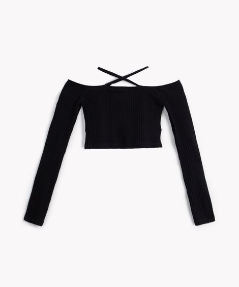 blusa canelada juvenil ombro a ombro manga longa preta