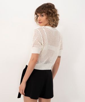 blusa de tricot gola redonda manga curta off white