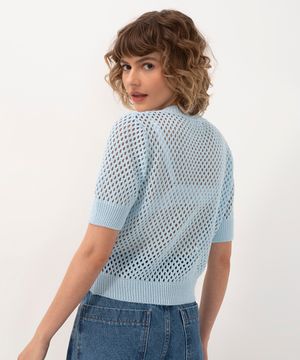 blusa de tricot gola redonda manga curta azul claro