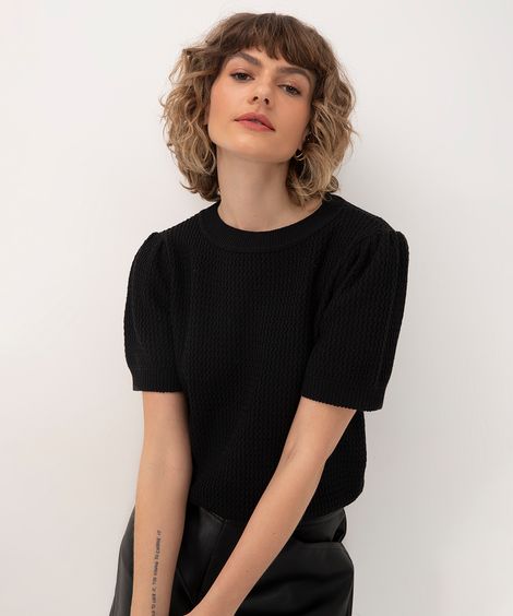 blusa de tricot texturizado manga curta bufante preta