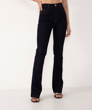 calça jeans flare cintura alta lipo com bolsos sawary azul escuro