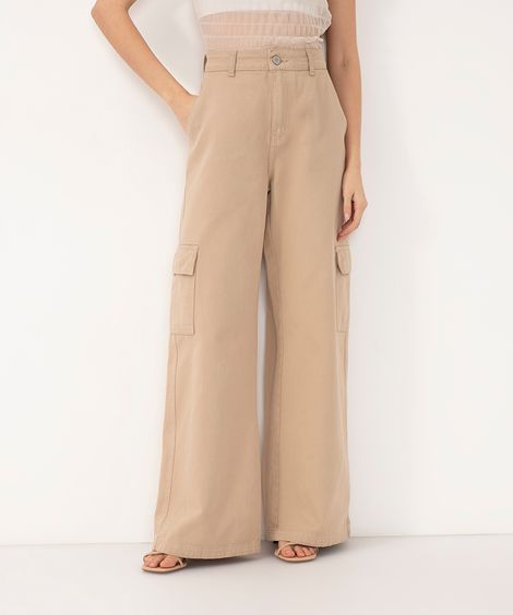 calça de sarja wide leg cargo cintura super alta kaki