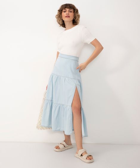 saia midi jeans cintura super alta com fenda azul claro