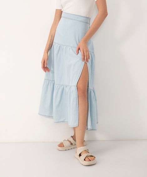saia midi jeans cintura super alta com fenda azul claro