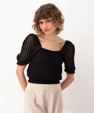 cropped de tricot manga bufante preta