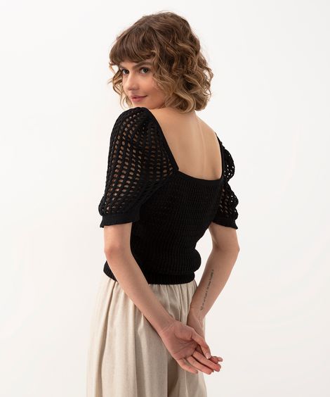 cropped de tricot manga bufante preta