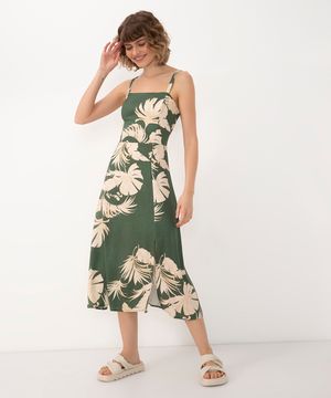 vestido midi de viscose floral com fenda verde