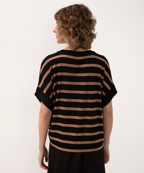 blusa de viscose listrada manga curta bege