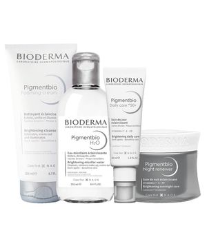 Kit Bioderma Pigmentbio - Sabonete Esfoliante e Água Micelar e Gel Creme Daily Care FPS 50+ e Creme Clareador Facial Noturno