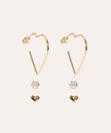 kit de 3 pares de brincos corações e strass dourado