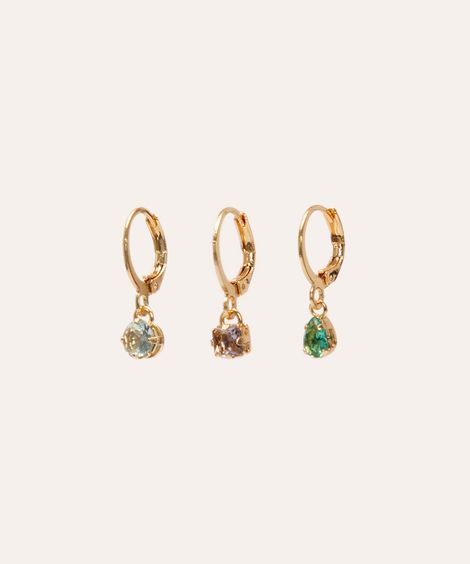 kit de 3 pares de brincos mini argolas com strass dourado