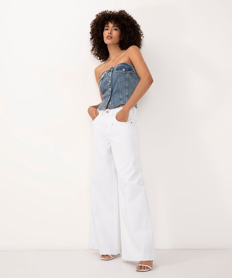 calça de sarja wide leg cintura média branco