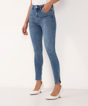calça jeans new skinny slit cintura alta azul médio