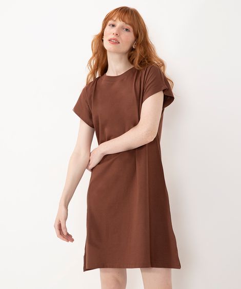 vestido curto básico manga curta areia - marrom medio