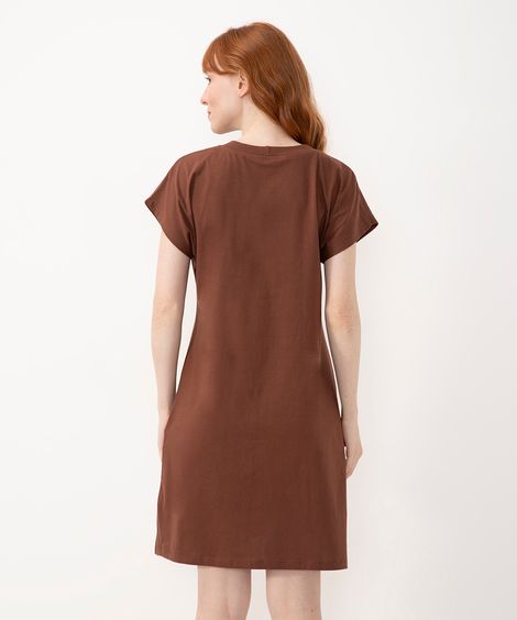 vestido curto básico manga curta areia - marrom medio