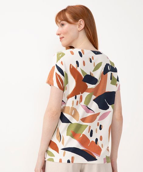 blusa de viscose folhagem manga curta off white