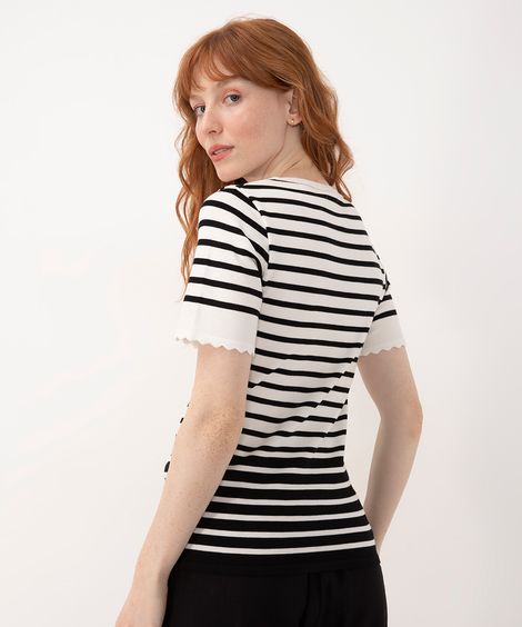 blusa de tricot listrada manga curta off white