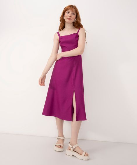 vestido midi de algodão com fenda alça fina rosa