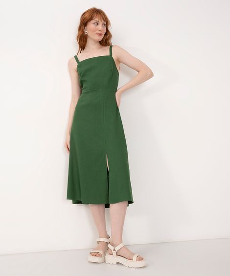 vestido midi de algodão com fenda alça fina verde