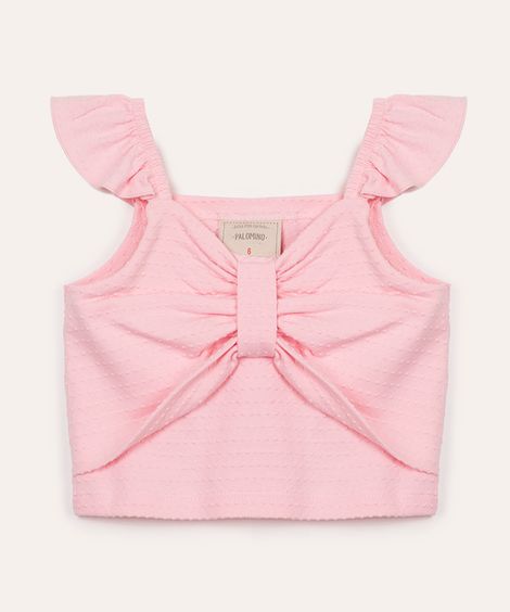 blusa de algodão infantil texturizada com laço e babado rosa