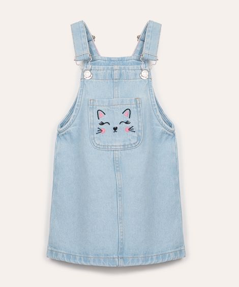 salopete jeans infantil com bolso bordado  azul claro