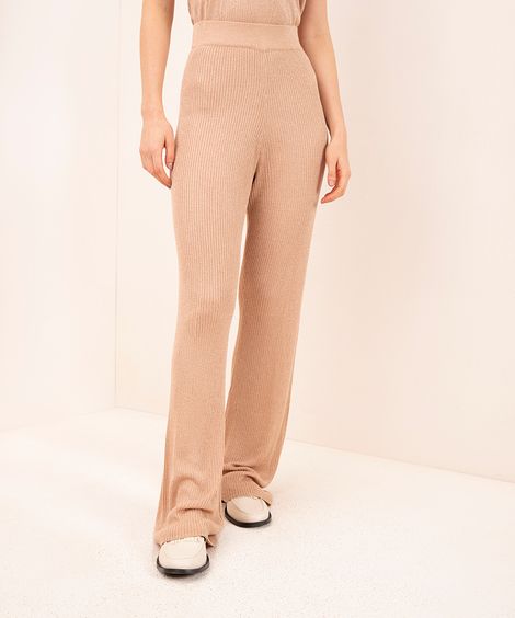 calça de tricot wide leg cintura alta com lurex mindset areia