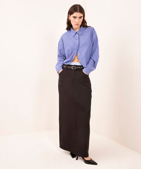 saia midi com fenda cintura alta com cinto mindset preta