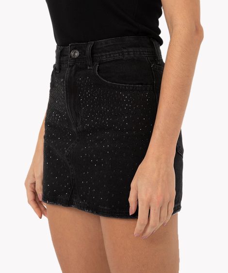 minissaia jeans brilhos cintura super alta preto