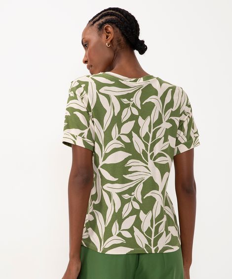 blusa de viscose folhagem decote v verde militar