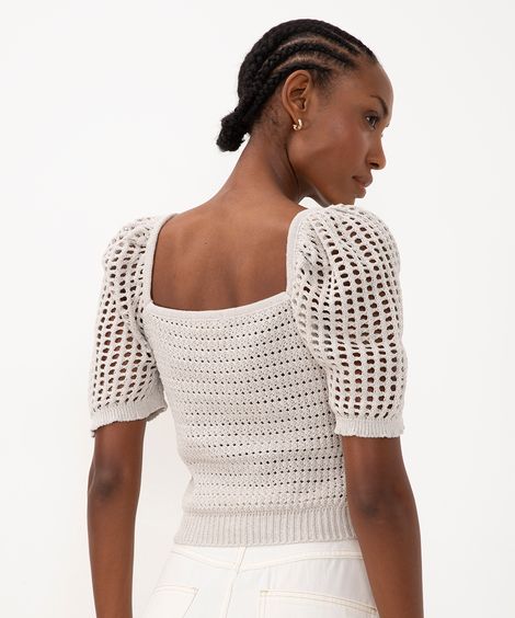 cropped de tricot manga bufante bege claro