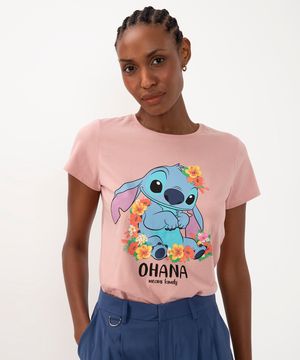 camiseta de algodão stitch ohana manga curta  rosa