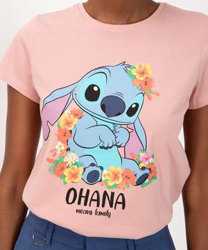 camiseta de algodão stitch ohana manga curta  rosa