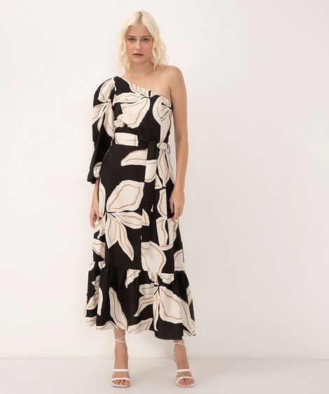 vestido midi de algodão folhagens ombro único preto