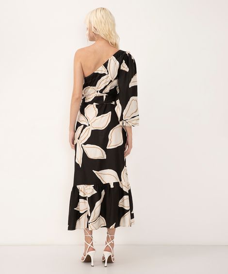 vestido midi de algodão folhagens ombro único preto