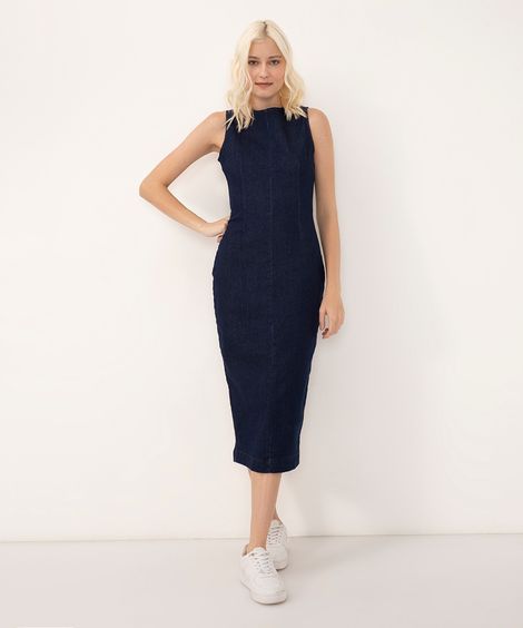 vestido jeans midi com fenda azul escuro